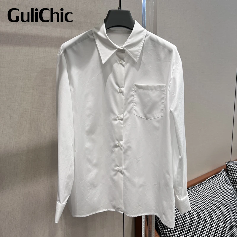 12.16 GuliChic Women Casual Fashion Turn Down Collar Button Pocket Rhinestone Triangle White Shirt