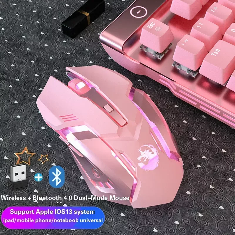 

2023NEW New in Gaming Mouse Rechargeable RGB Backlit Mouse 2400DPI Bluetooth mouse Ergonomic Gamer pink Mute Mouse for PC lapto