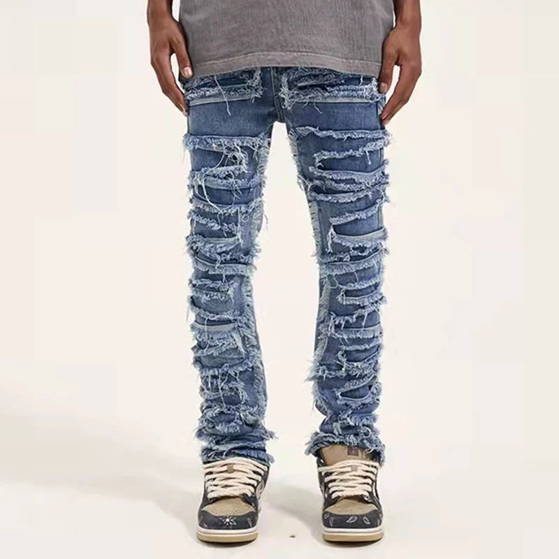 

Retro Hole Jeans Men Hip Hop Streetwear Straight Washed Distressed Denim Pants Harajuku Vibe Style Casual Ripped Jean Trousers