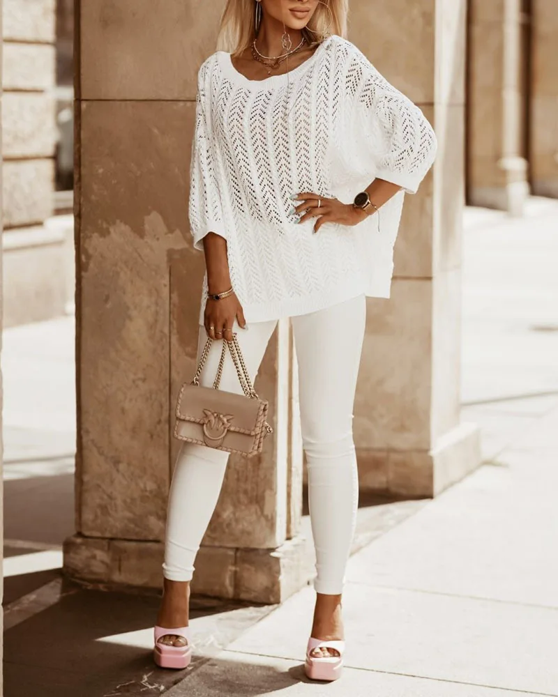 

Women Sweater Openwork Fashion V-neck Pullover Loose Bat Sleeve White Sleeve Fashion Casual Commuter Temperament Spring Autumn