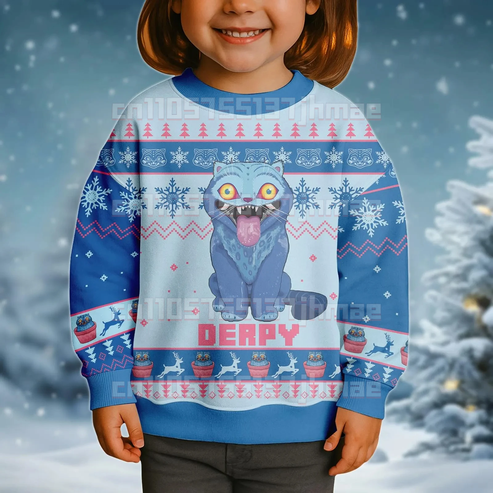 Фото [Новое поступление] Детский свитшот Derpy Tiger Christmas Edition, милый узор снежинки, универсальный топ для вечеринок и повседневной носки №1