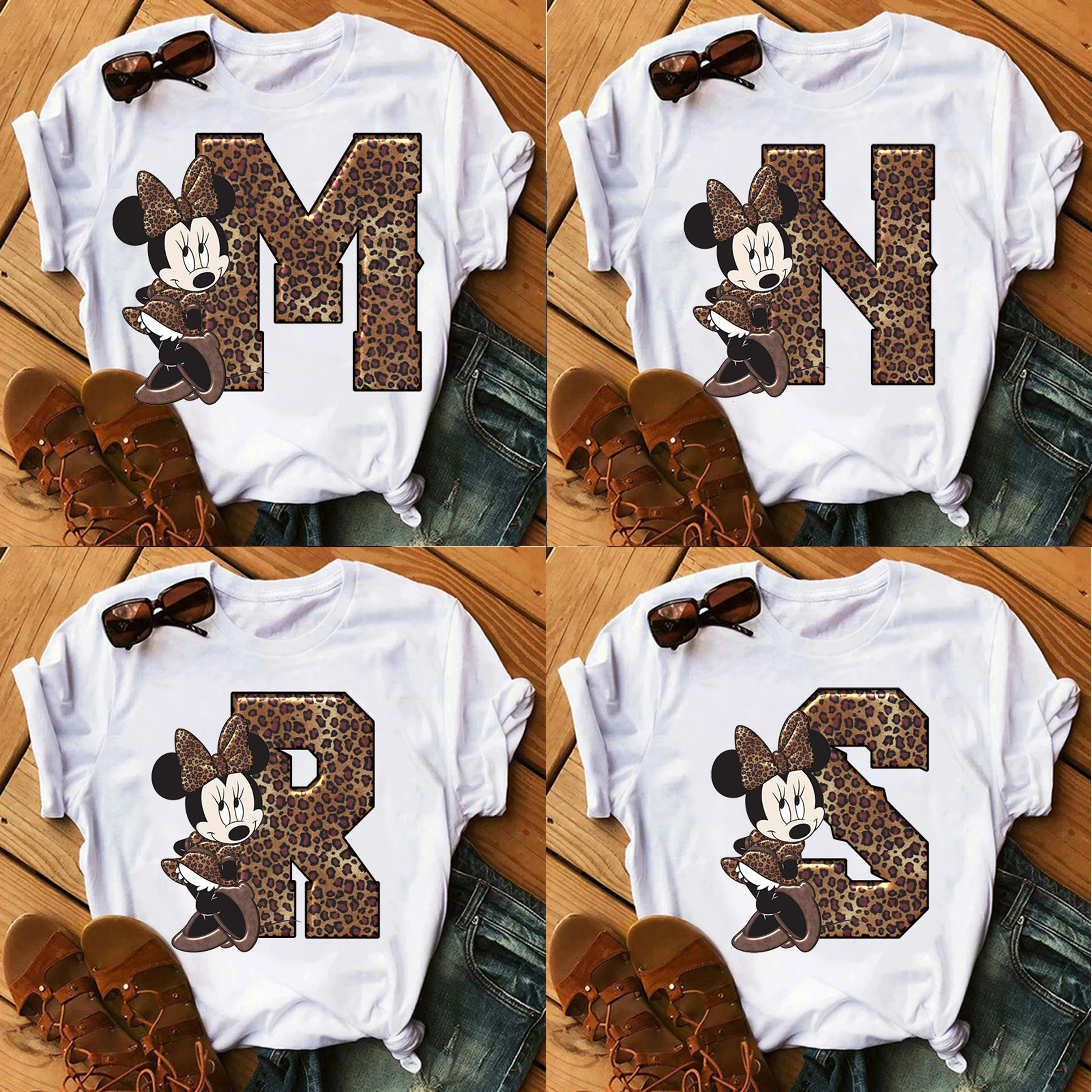 

Women White Short Sleeve Harajuku Tops Custom Name Letter Combination Printed T-Shirt Minnie Mouse Letter Font A B C D E Tees