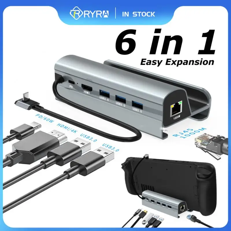 

RYRA 4K HDMI Steam Deck Docking Station Hub Stand 6 In 1 Hub Holder Dock USB-C 1000M RJ45 USB3.0 For Steam Deck Dock Console