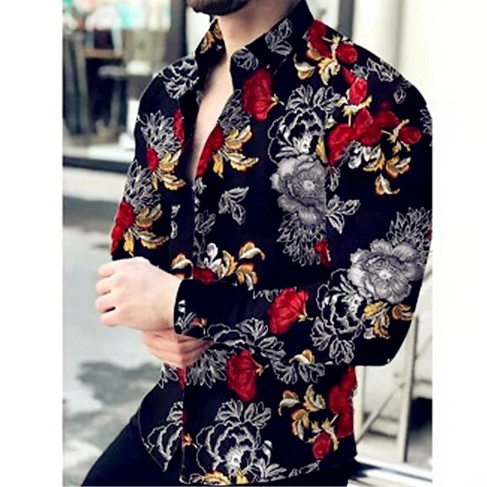 Men's Long Sleeve Print Shirt Slim Fit Lapel Casual Button Shirt