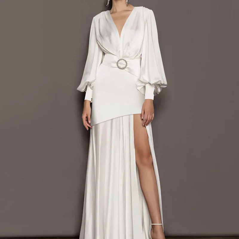 

Sexy V-neck Lantern Sleeves Long Dresses with Belt Fashion White Irregular Split Evening Dress Women Light Luxury Summer Skirt