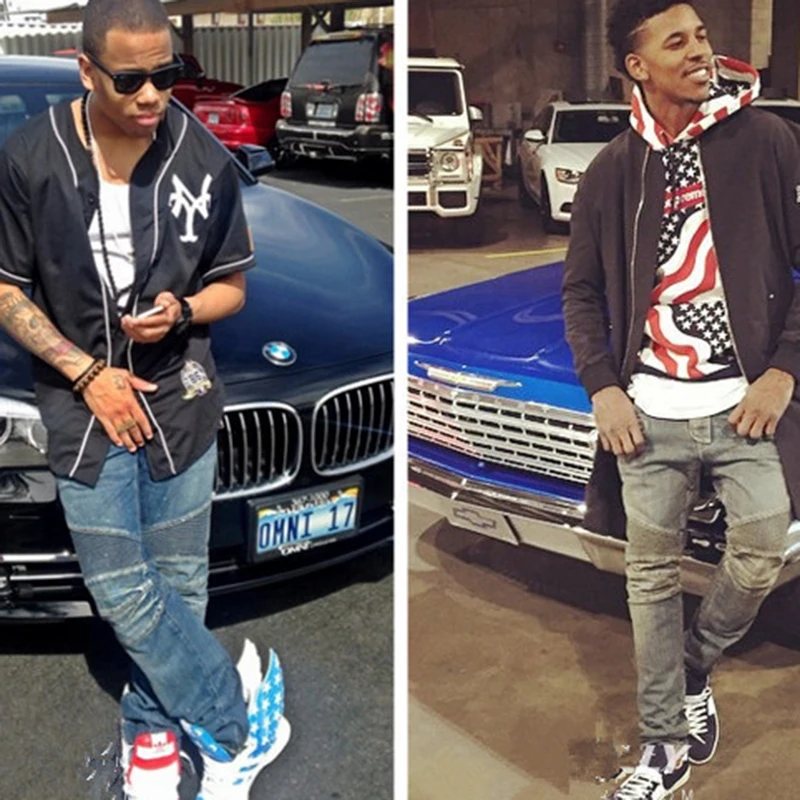 Men Plus Size 28-42 Retro Blue Motorcycle Long Jeans Pleated Denim Pants High Street Casual Zipper Quality Brand For Male