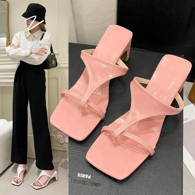 

Summer Sandals Women's 2022 New One-word Belt Fairy Wind Middle Heel Thick Heel Flip Flops Sandals And Slippers For Outer Wear
