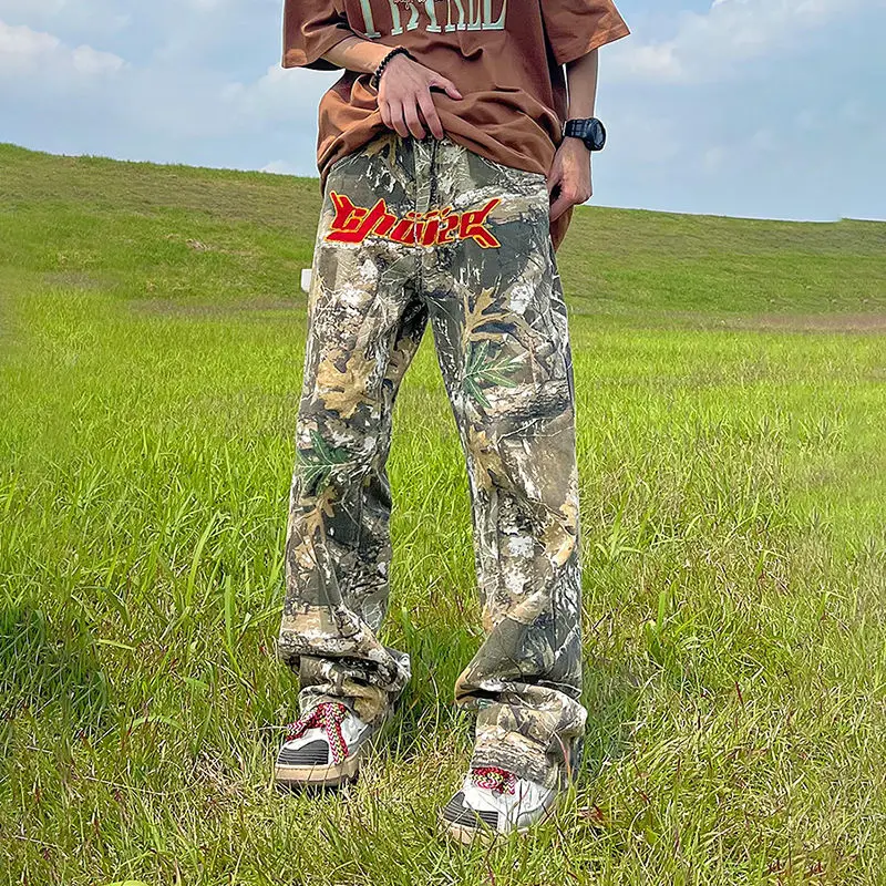 Straight Camouflage Pants Loose Street Vintage Letters Towel Embroidered Casual Cargo Jeans Men