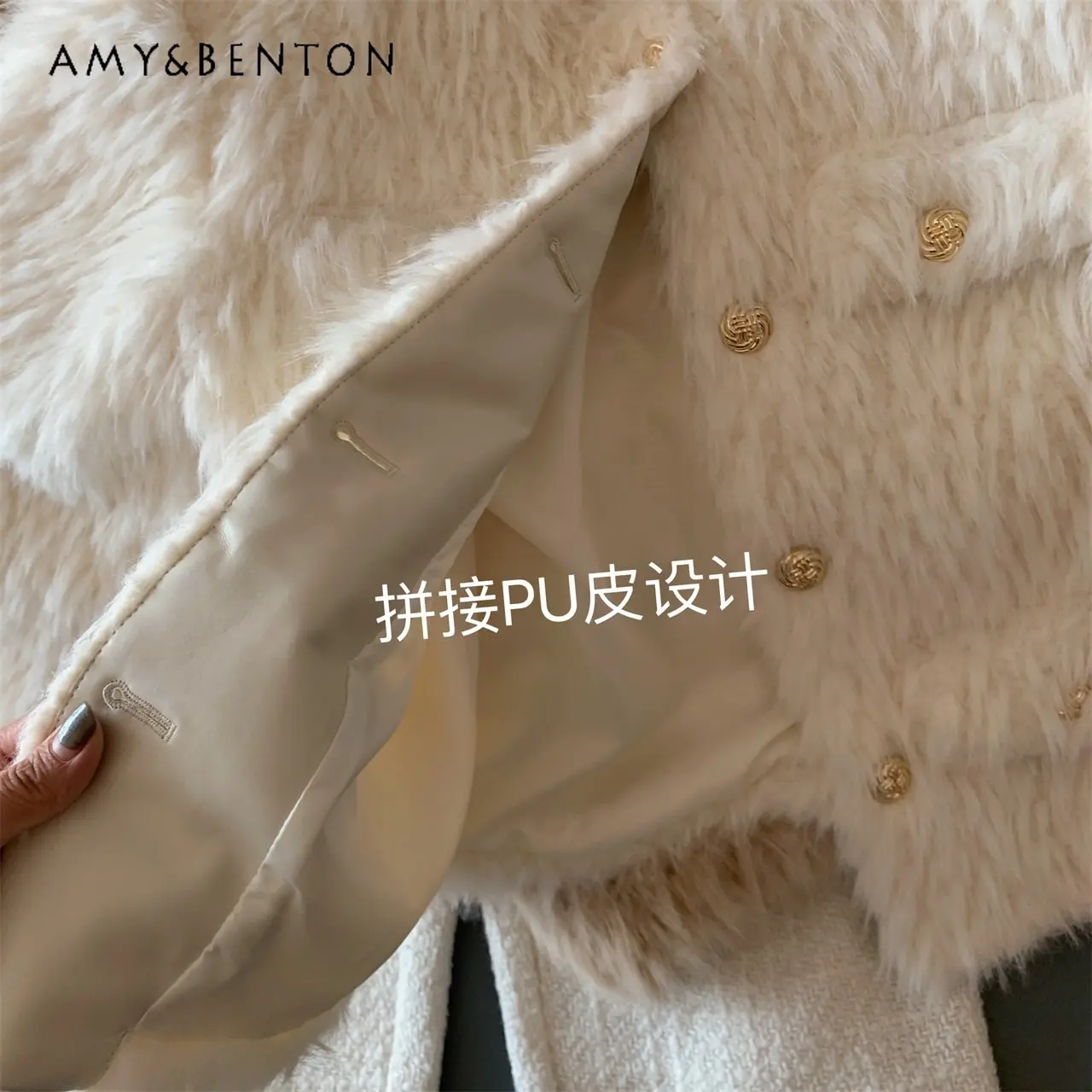 Patchwork PU Leather Gold Buckle Short Coat for Women Winter New Imitation Fur Flip Jacket Top Ladies Elegant High Brand Coat