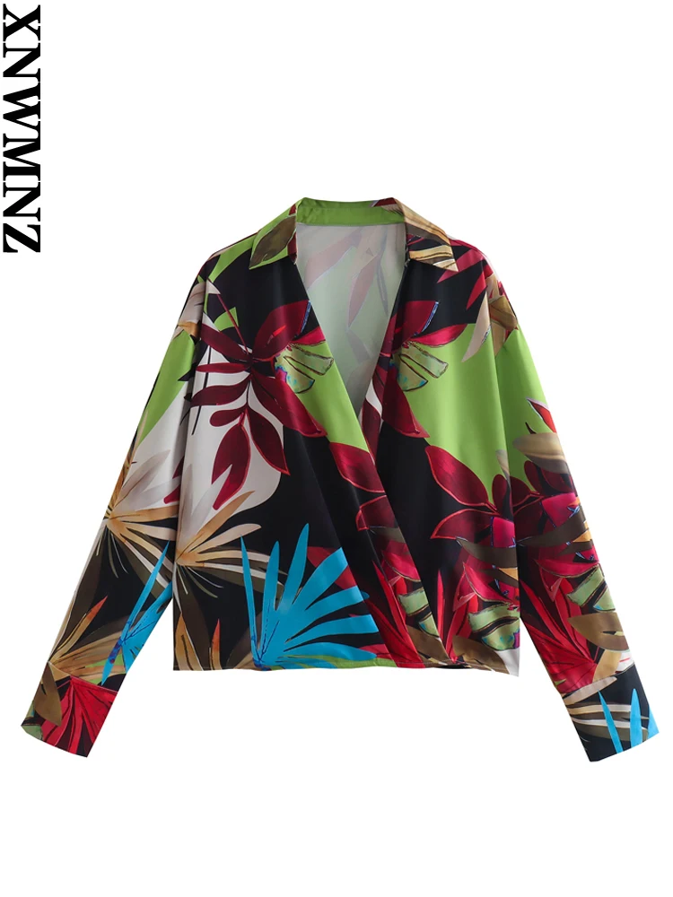 

XNWMNZ, лето 2022, женская модная блузка с тропическим принтом, пляжный стиль, длинный рукав, v-образный вырез, боковая молния, топ, Женская шикарна...