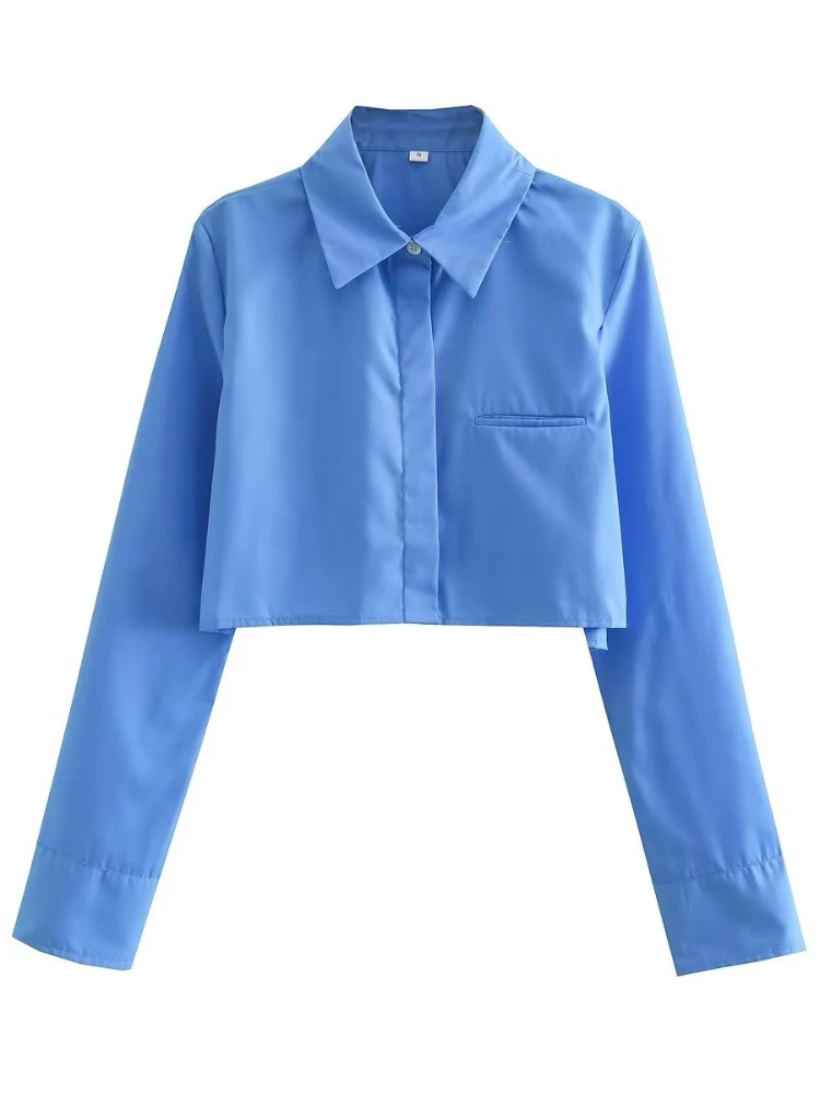 

Ekaliy Sexy Crop Top Solid Color Short Shirt for Women Lapel Collar Long Sleeve Pocket Loose Oversized Shirts Female 2023 New