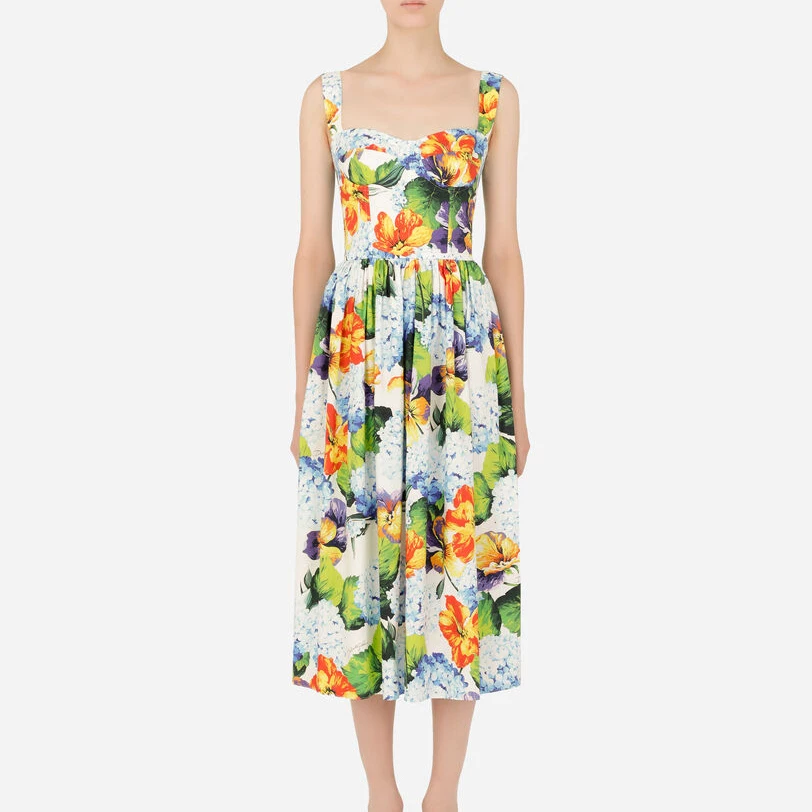

Vintage print high-quality texture mid-length holiday suspender dress, summer all-match high-waist suspender dress for women
