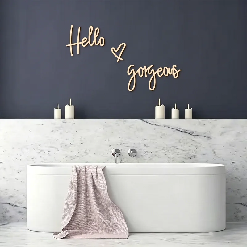 Фото Деревянные наклейки на стену «Hello Gorgeous» для декора салона красоты, комнаты для наращивания ресниц, салона, ванной комнаты №3