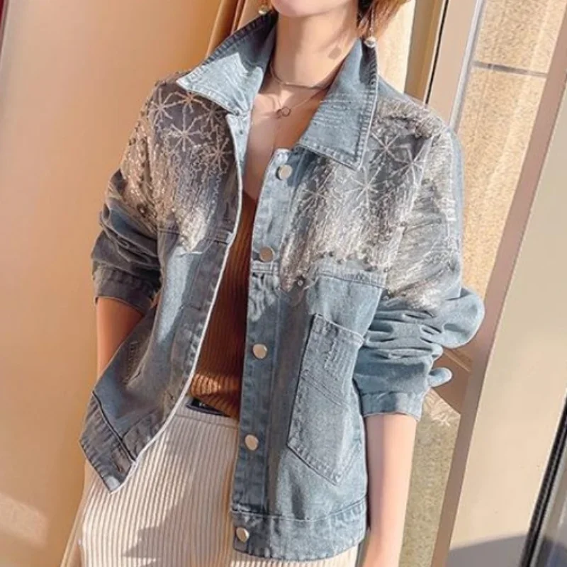Короткая укороченная джинсовая куртка с блестками 2025 модная маленькая со
