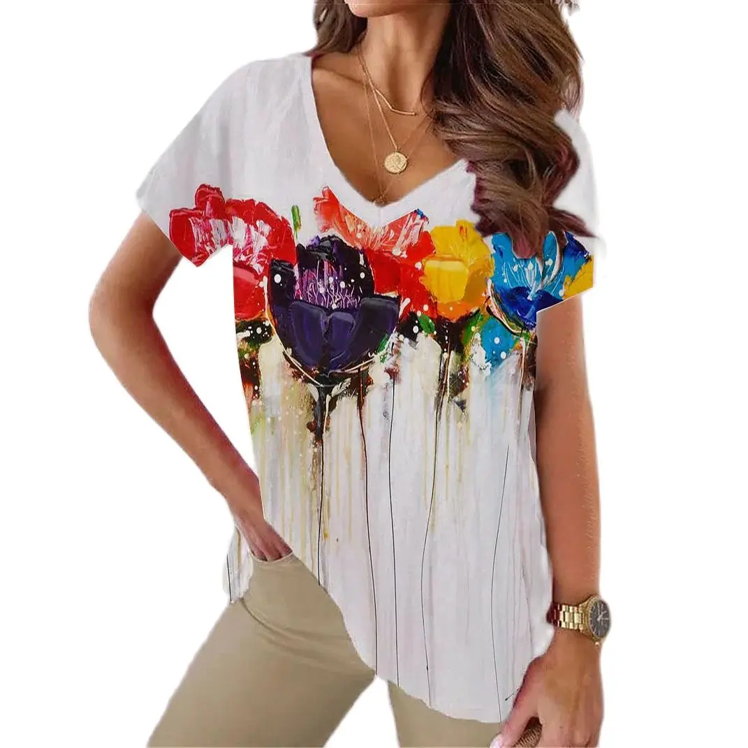 

Футболка женская с цветочным принтом, модная рубашка с коротким рукавом в стиле Харадзюку, одежда Y2k, на лето