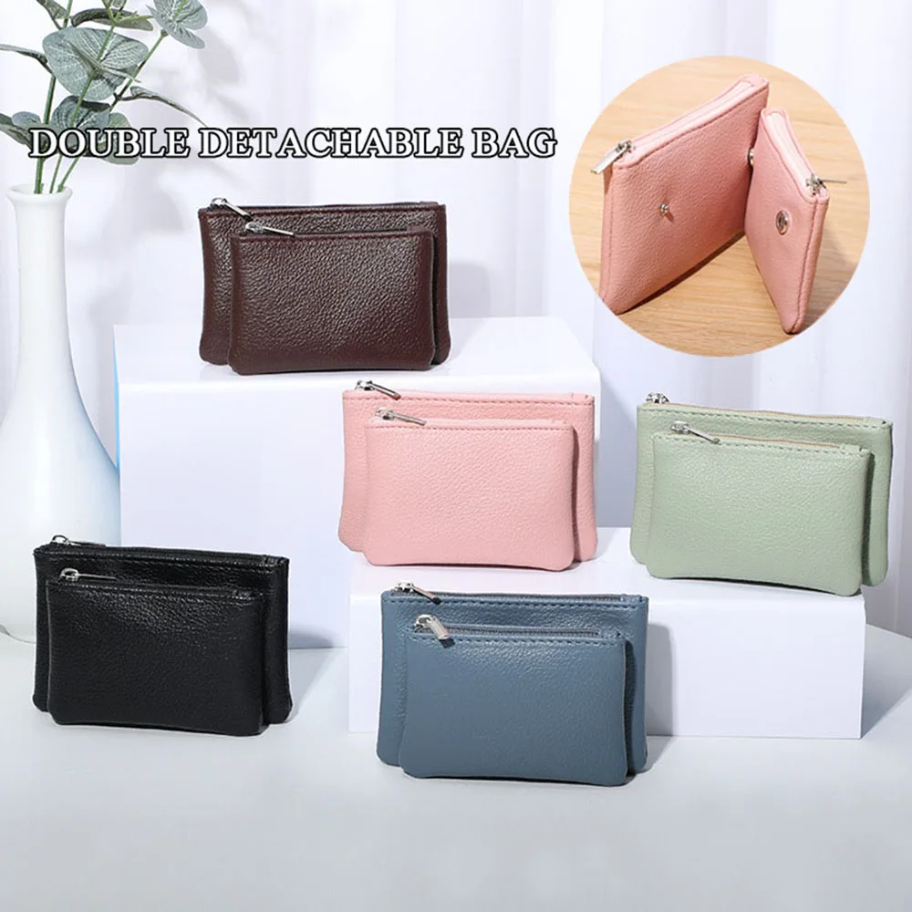 

Double Layer Wallet For Men Women Purse Solid Color Detachable Card Cash Holder Coin Pouch Zipper Key Strorage Bags