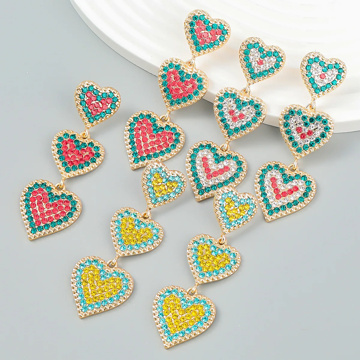 

Boho Colored Diamond Heart Multilayer Earrings
