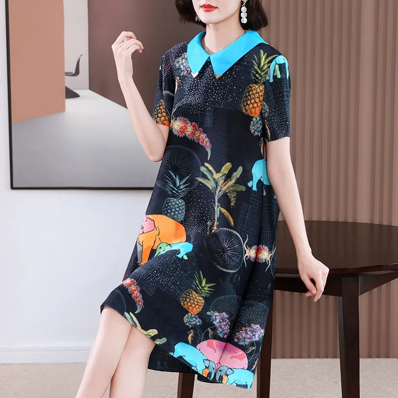 

Miyak Mom's Summer Fashion Pleated Dress New Age-Reducing 40-Year-Old 50 Middle-Aged and Elderly Women's Dress Large Size Dress