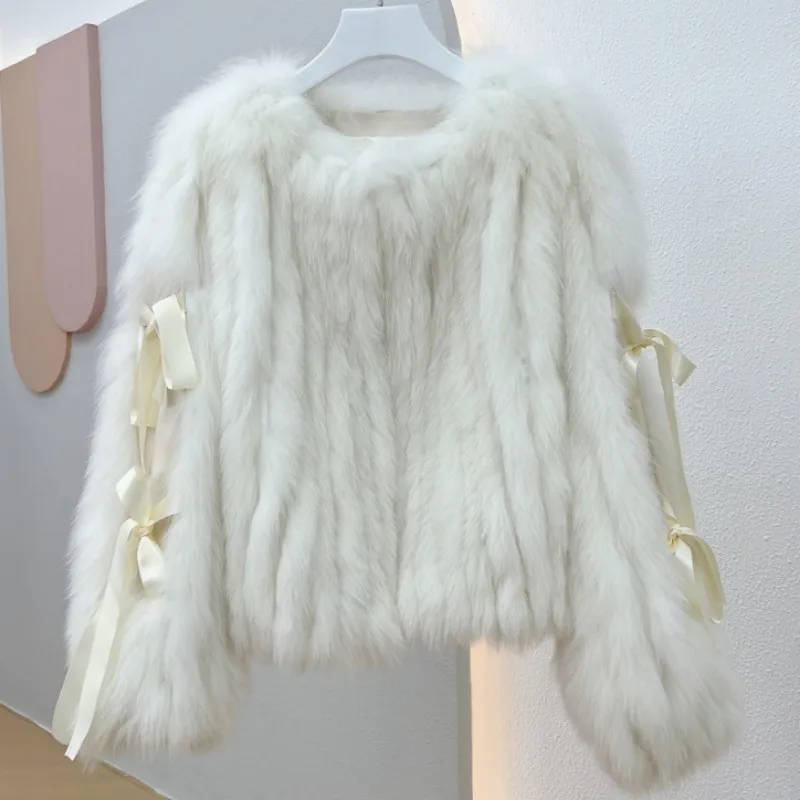 

New 2022 Ladies luxury Natural Fur Jacket V Neck Real Fox Fur Warm Puff Sleeve Coat Women's Fur Jacket Casacos de pele reai