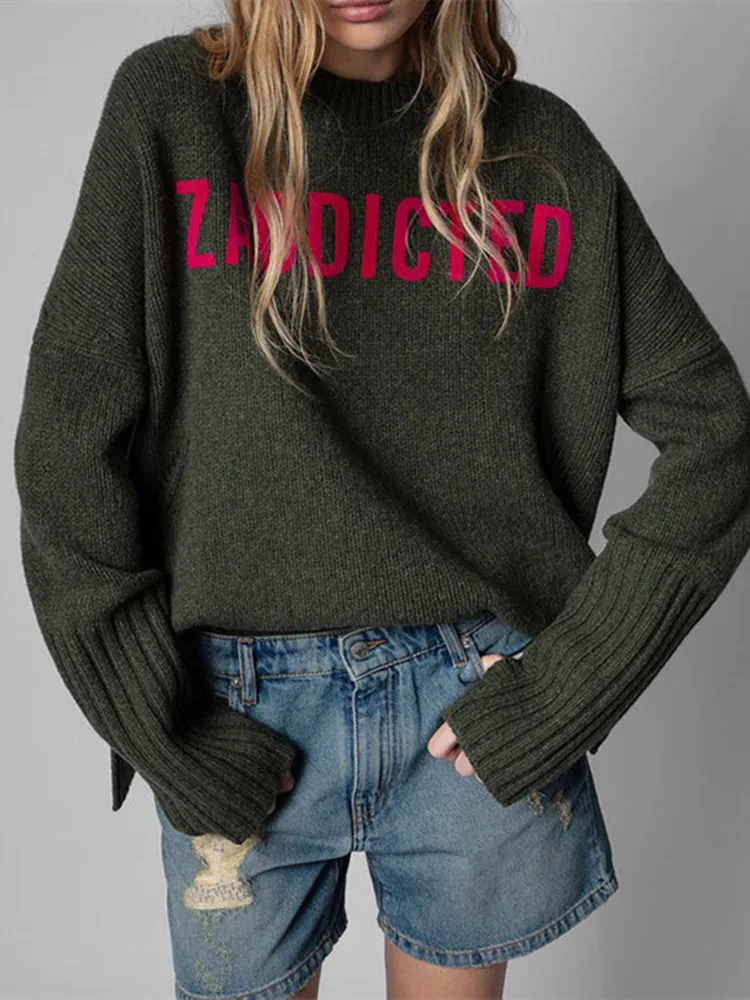 2021 Autumn/ Winter 100% Cashmere Women Sweater New Letter High Neck Loose Knitted Sweater Women Fashion Pullover