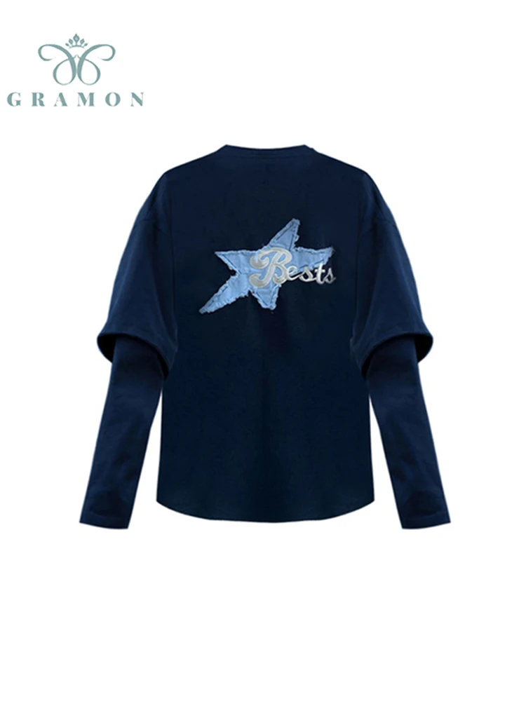 

Fake Two-piece Star Embroidery Loose Sweatshirts Long Sleeve Tops Women Baggy Crew Neck Harajuku Hoodies Female Ins Y2k Clothes