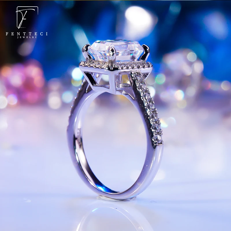 FENTTECI S925 Sterling Silver Gold Plated Square Moissanite Ring for Women Wedding Bands Anniversary Party Gift Fine Jewelry