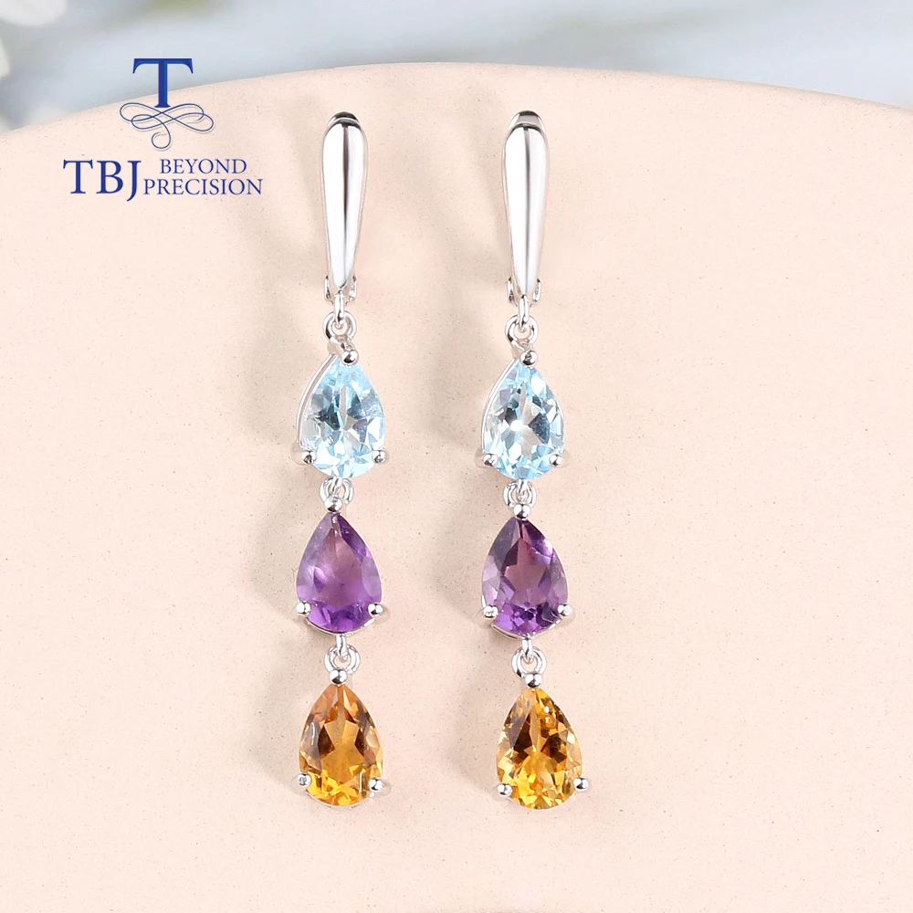 Разноцветные длинные серьги с натуральным драгоценным камнем небесно-голубой