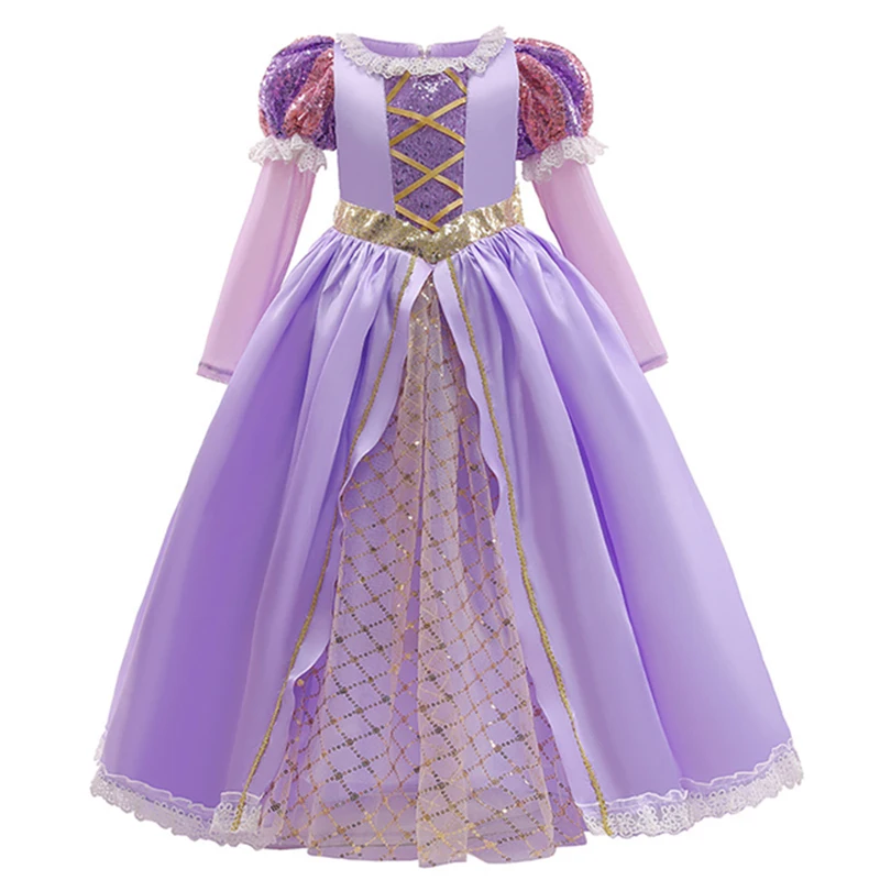 Disney Girls Rapunzel Dress Princess Cosplay Costume Kids Fancy Sequins Purple Luxury Tangled Dresses Halloween Party Ball Gown