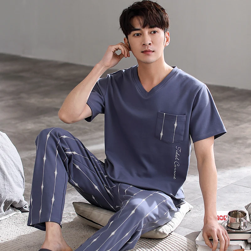 Spring short-sleeved trousers knitted cotton pajamas for men plus size L-4XL printed round neck thin section 2 piece home wear