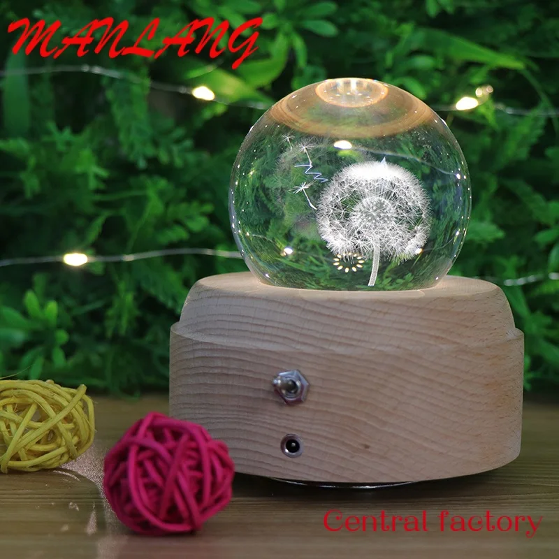 

Custom Hot Sale Rechargeable Mood Light With Music Box Dandelion 3D Crystal Ball Night Light