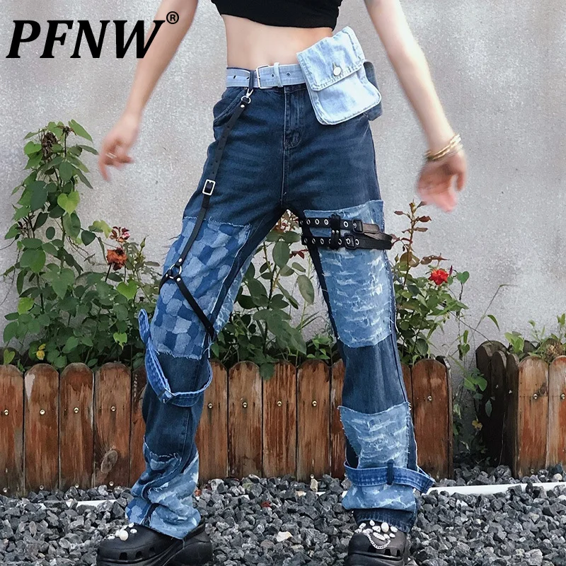 

PFNW Spring Summer Men's Multi-functional Strapping Worn-out Jeans Straight Belt Design Patchwork Handsome Denim Pants 12A9438