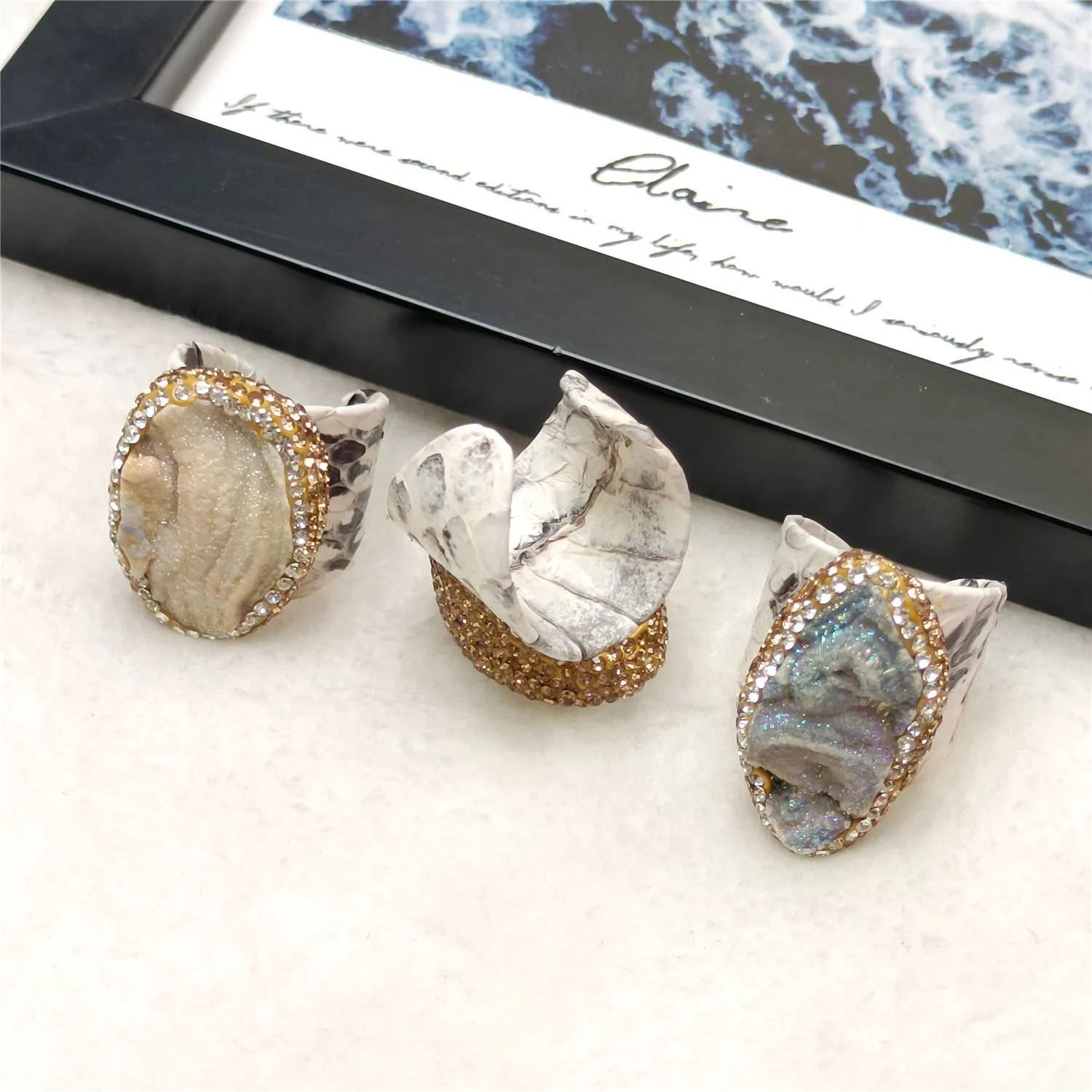 Natural White Crystal Rhinestone Surrounding Leather Ring Ladies Personality Trendy Fashion Versatile Luxury Jewelry