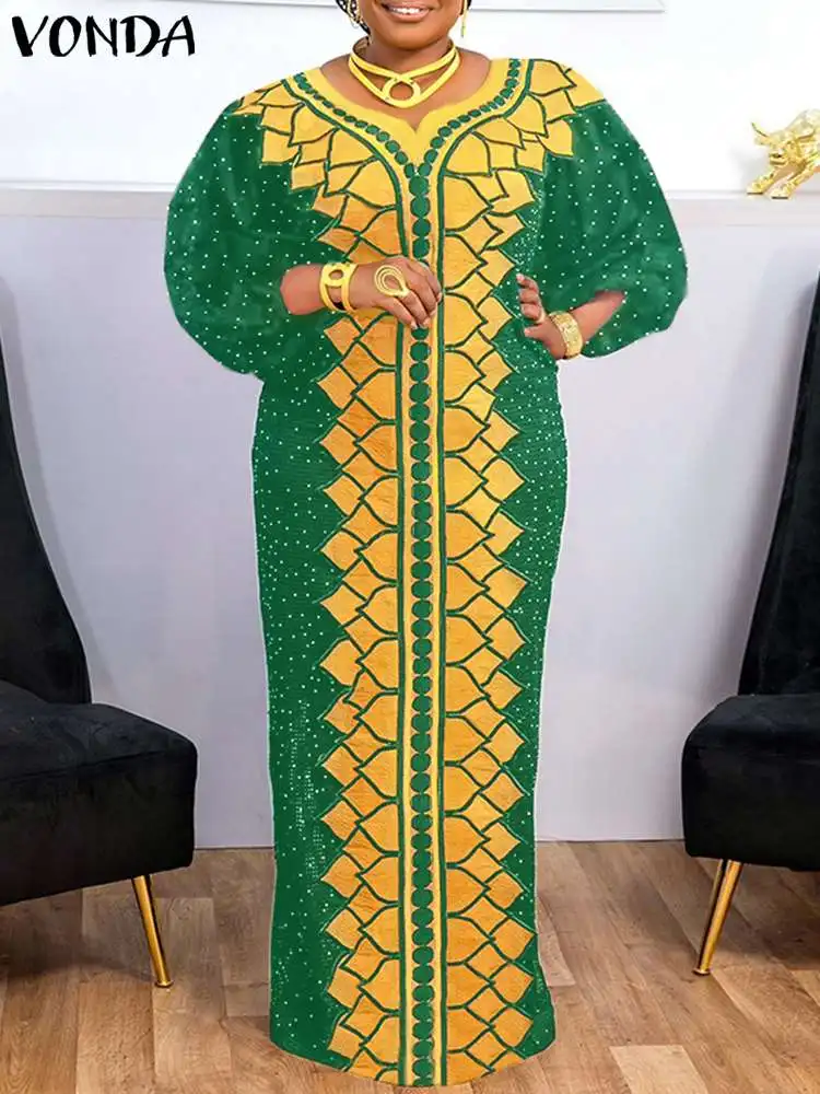 

Свободное платье VONDA в стиле оверсайз с богемным принтом, Женский Повседневный длинный сарафан с V-образным вырезом и пышными рукавами, осень 2023, винтажный халат макси