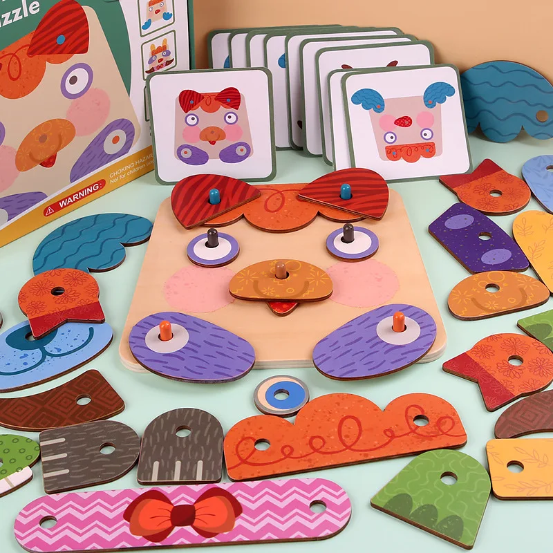 Kids Wooden Toy Children Gift Creative Fun Cartoon Animal  Expression Face-changing Jigsaw Puzzle Board Early Educational Toy