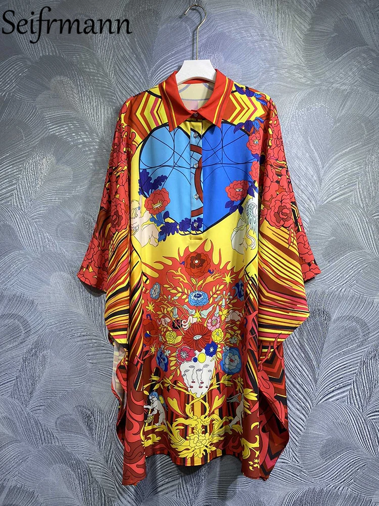 

Seifrmann High Quality Summer Women Fashion Runway Loose Dress Batwing Sleeve Multicolor Ditsy Print Beach Holiday Midi Dresses