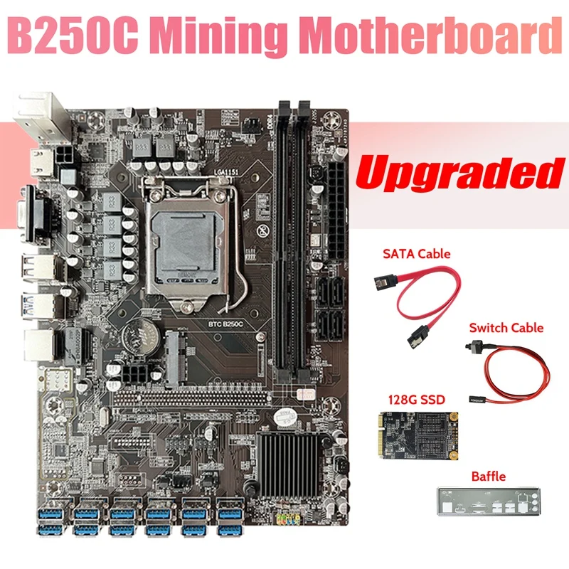 

B250C ETH Miner Motherboard+128G SSD+Baffle+SATA Cable+Switch Cable 12 PCIE To USB3.0 GPU Slot DDR4 LGA1151 For Mining