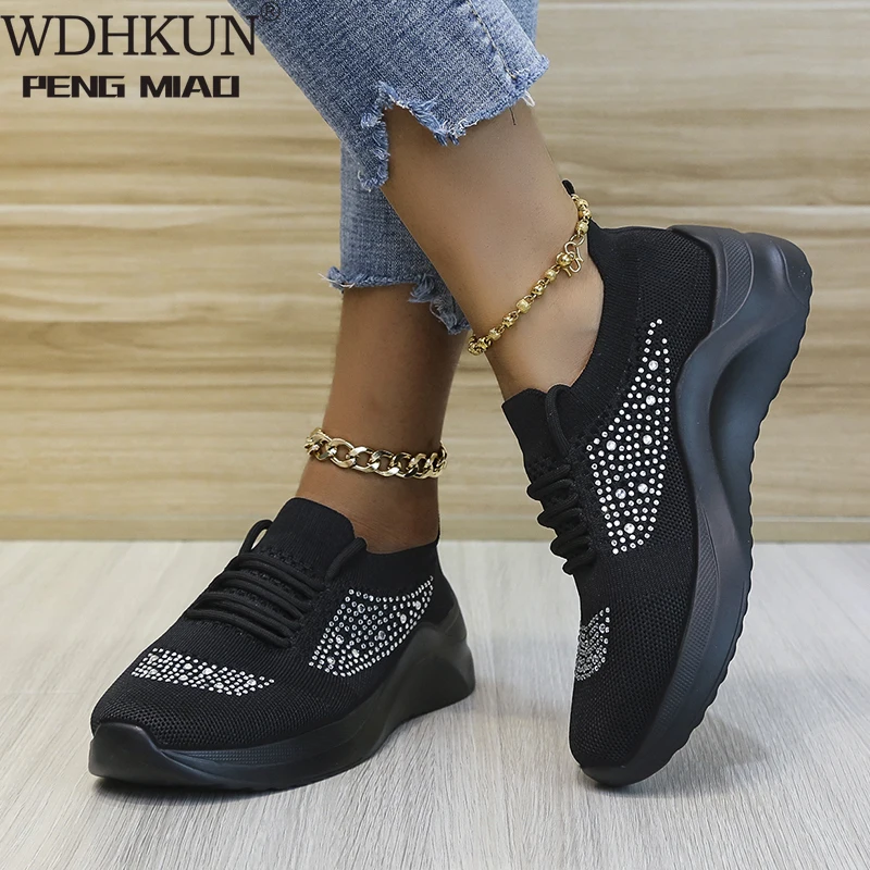 

Women Vulcanized Shoes Air Mesh Crystal Lace-Up Solid Flat Casual Female Sneakers Fashion Comfortable Plus Size Ladies Footwear