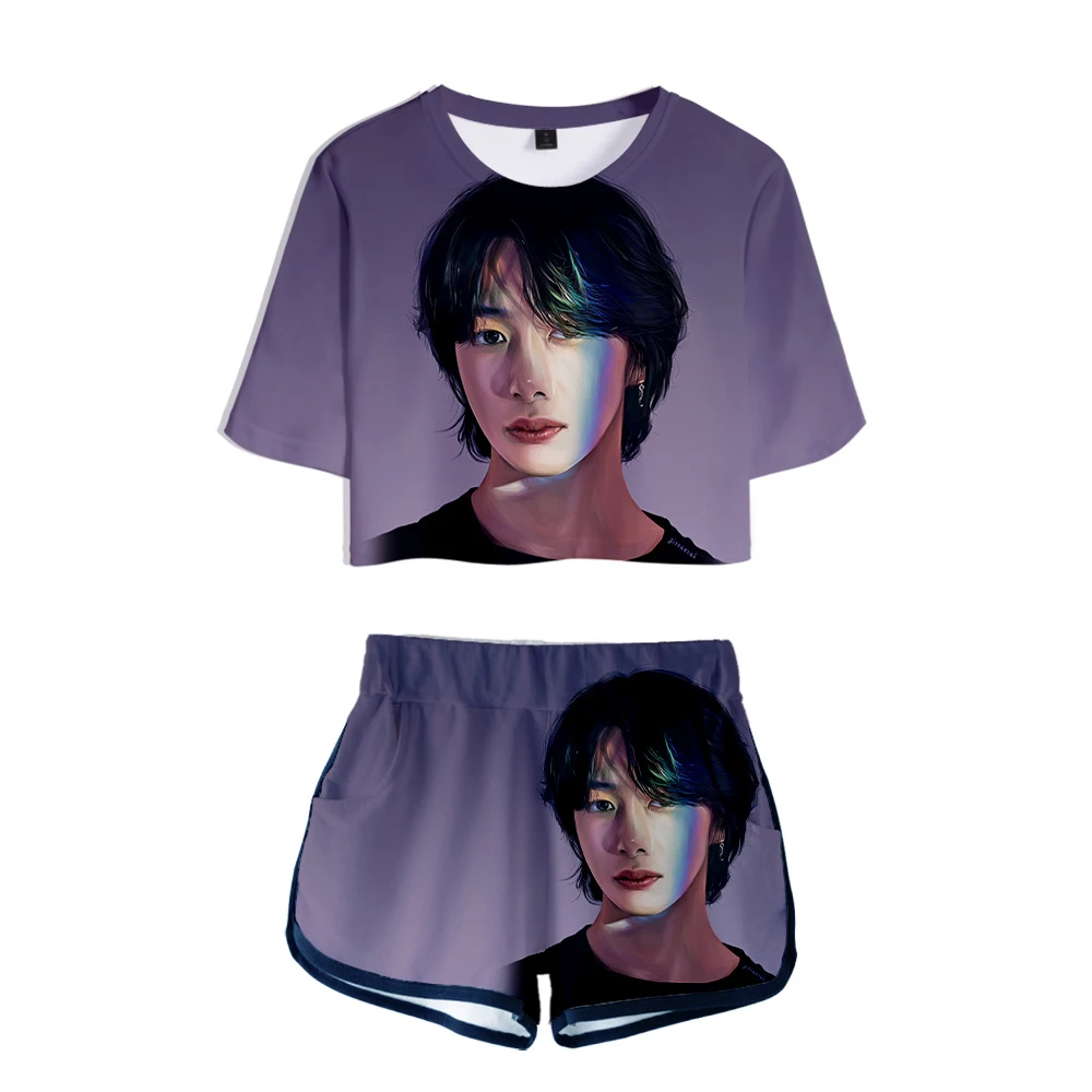 

Hip Hop MONSTA X 3D Print Short Sleeve Cool Sexy Shorts+lovely T-shirts Dew navel Pretty Girl suits Casual Two Piece Set
