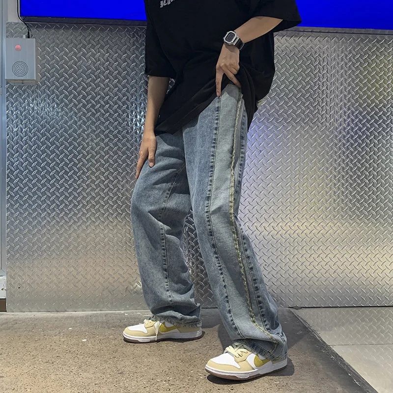 Solid Color Stitching Y2K Jeans Men's Straight Loose Pants Ins Tide Brand High Street Pendant Wide-leg Trousers Men Clothing
