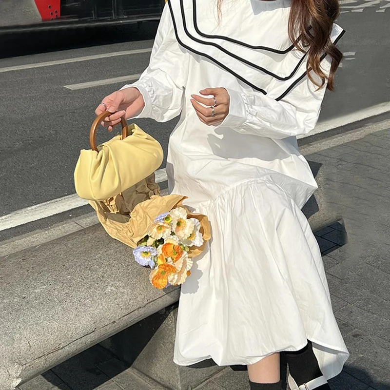 2022 New Early Spring Women's Dress French Ruffled Long-Sleeved Mid-Length Skirt White Dress Gentle High-End Long Skirt