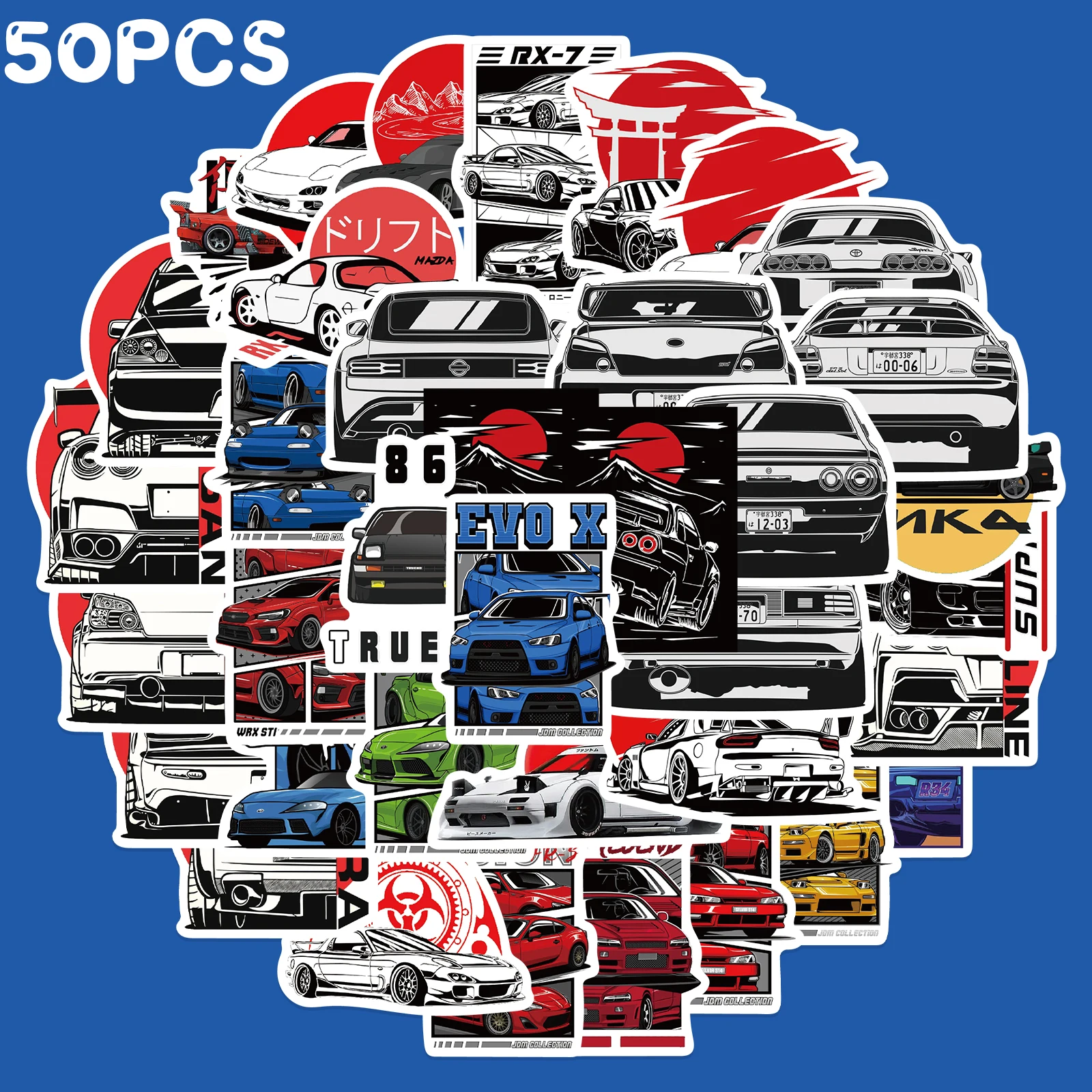 

50PCS JDM Retrofit Racing Car Graffiti Stickers Laptop Guitar Luggage Bike Skateboard Waterproof Sticker Decal Kid Toy