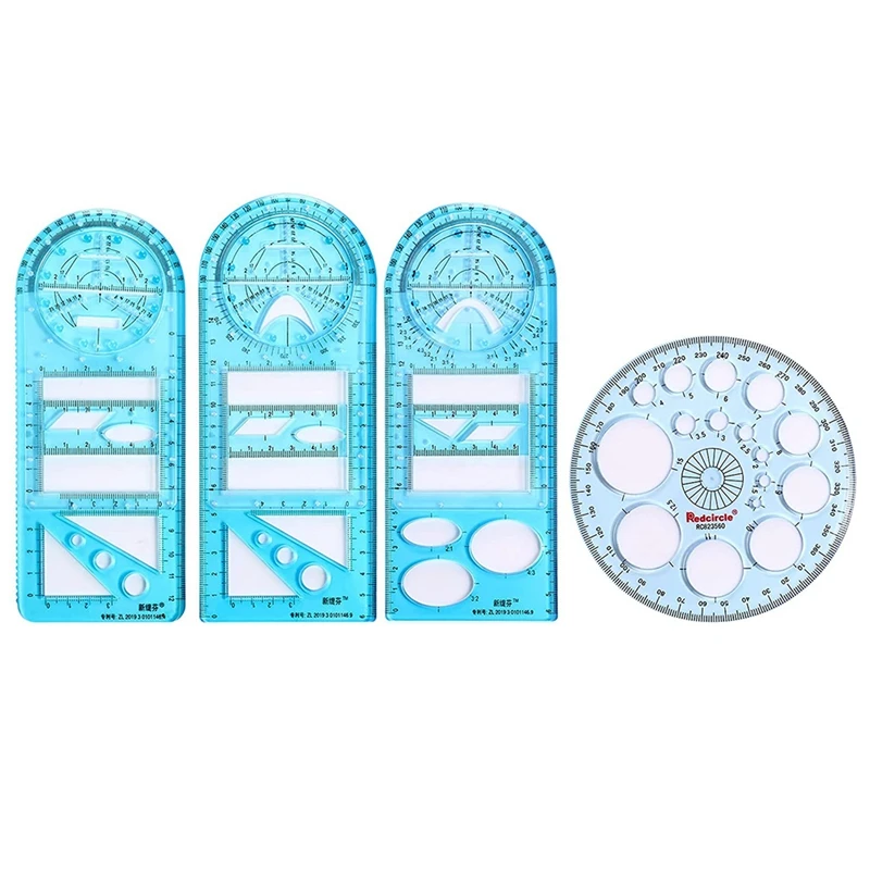 

4Pcs Multifunctional Geometric Ruler Drawing Ruler Geometric Drawing Template Measuring Tool Plastic Draft Rulers