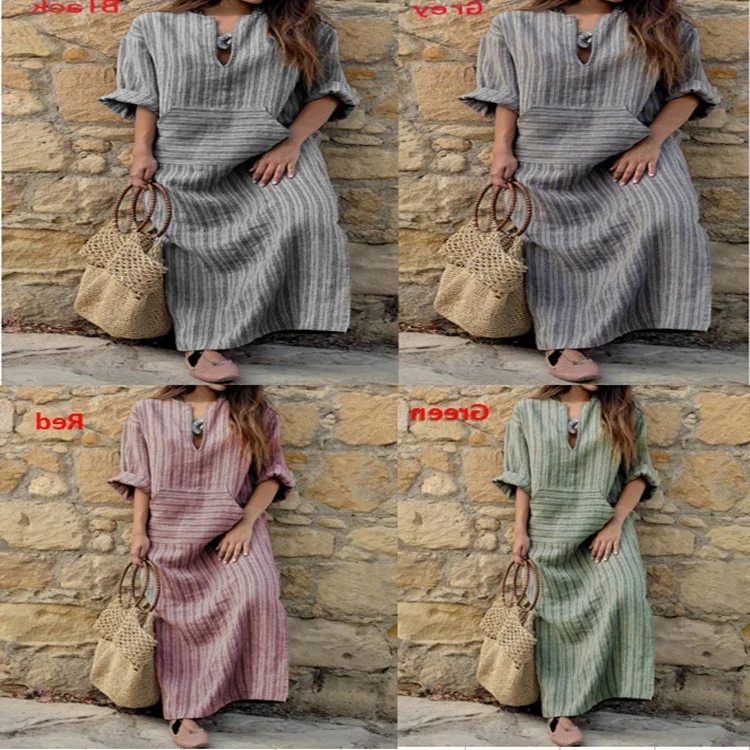 

Летнее Длинное платье из хлопка и льна, повседневные платья, новинка 2023, свободное платье макси в полоску, сарафан, одежда для отпуска для женщин