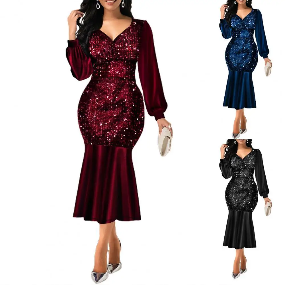 

Женское облегающее платье с блестками, элегантное блестящее лоскутное платье с V-образным вырезом и длинным рукавом, платье с высокой талие...
