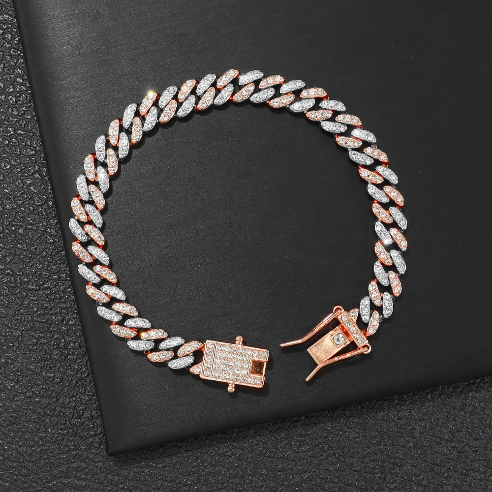 Фото 8 мм розовое золото Цвет Майами Кубинский браслет-цепочка Iced Out Bling Rhinestone Кубинский браслет на ногу Ювелирные изделия Мужчины Женщины Мужчины Хип-хоп №1