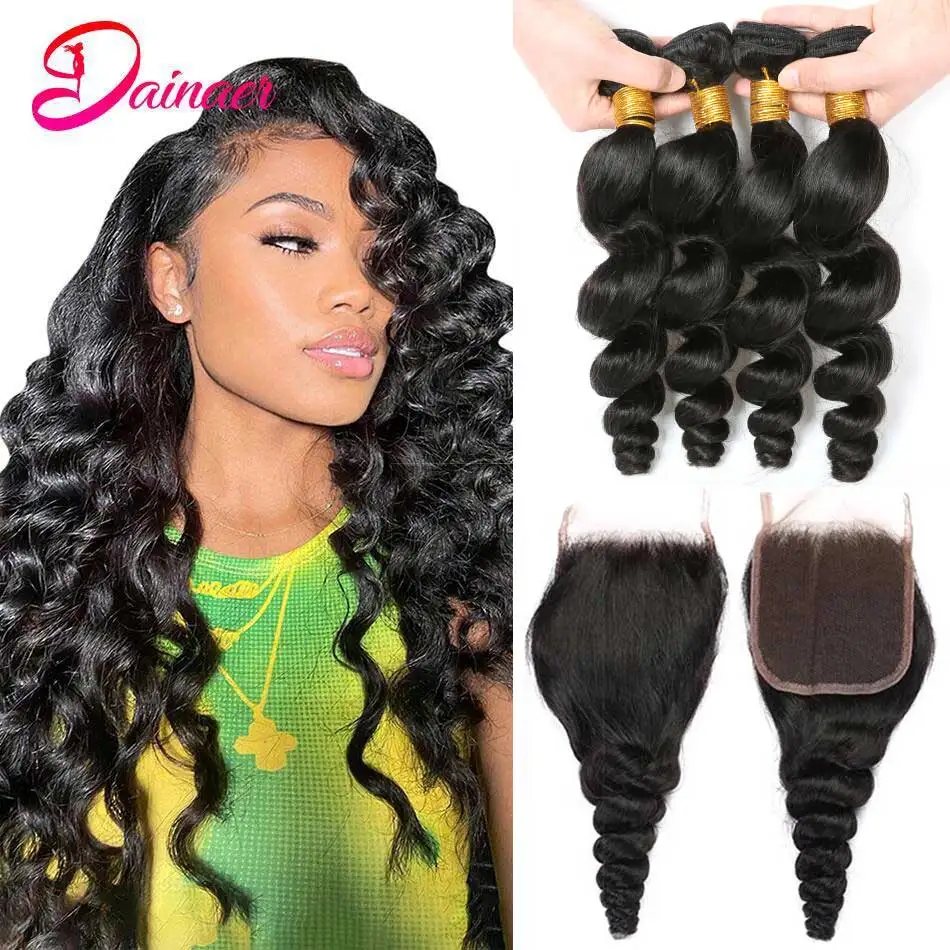 Malaysian Human Hair Loose Wave Bundles With Closure 4x4 Lace 100% Remy Hair Extensions 4 Bundles With Closure For Black Women