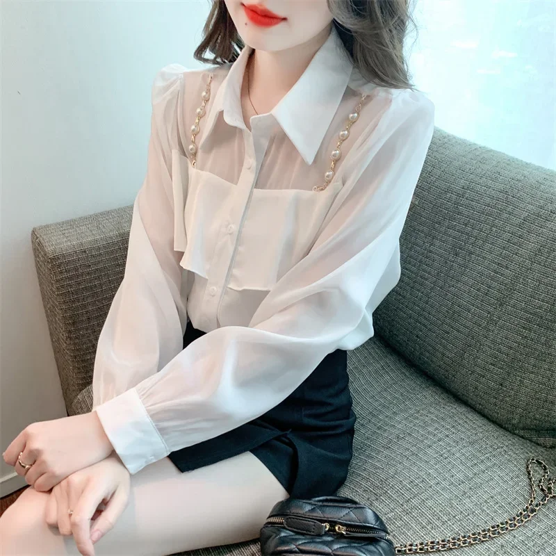 Осень 2023 новая легкая рубашка во французском стиле с рюшами и длинными рукавами