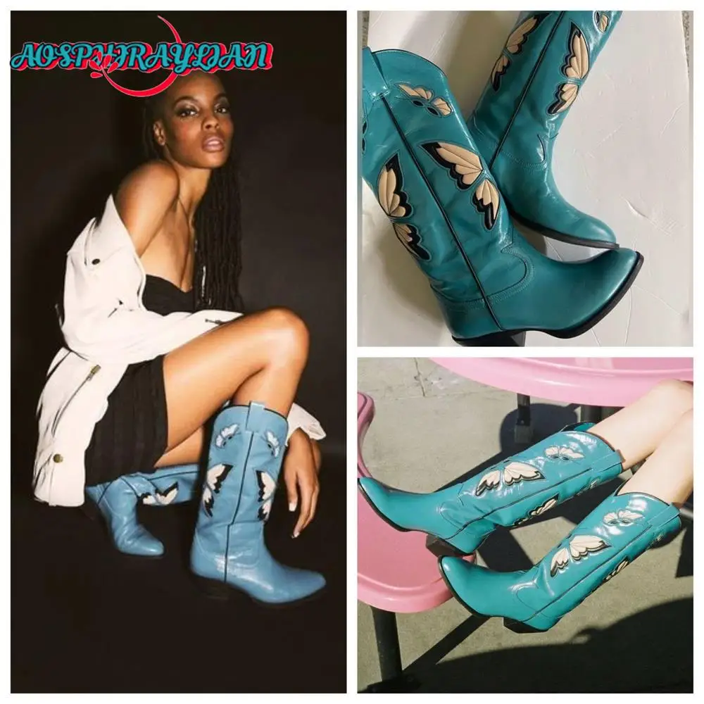 Women's Vintage Retro Western Cowboy Sewing Floral Boots 2023 Knee High Embossed Butterfly Cowgirl Shoes