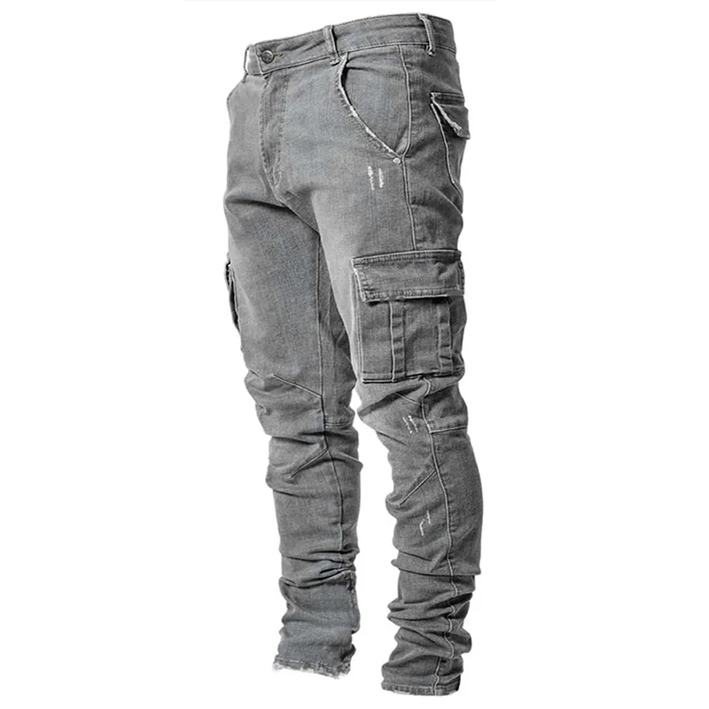 Trend Men's Jeans Elastic Denim Pants Multi Pockets Leggings Slim Fit Denim Cargo Pants High Street Full Length Pencil Pants