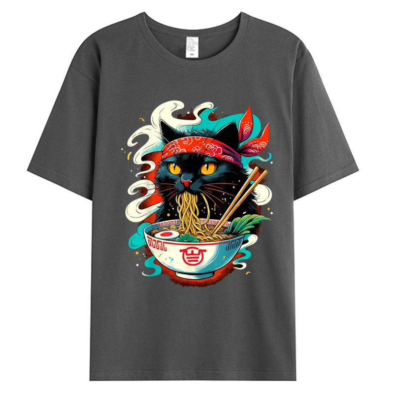 Фото Футболка Cat Ramen Noodle японского аниме Kawaii Cats, мужская футболка из хлопчатобумажной ткани с принтом, футболки, мужская одежда, повседневная посадка, скидка №4